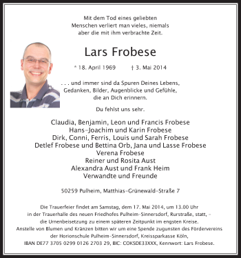 Anzeige von Lars Frobese von  Wochenende 