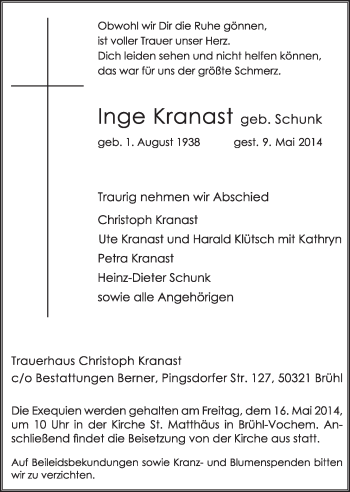 Anzeige von Inge Kranast von  Schlossbote/Werbekurier 