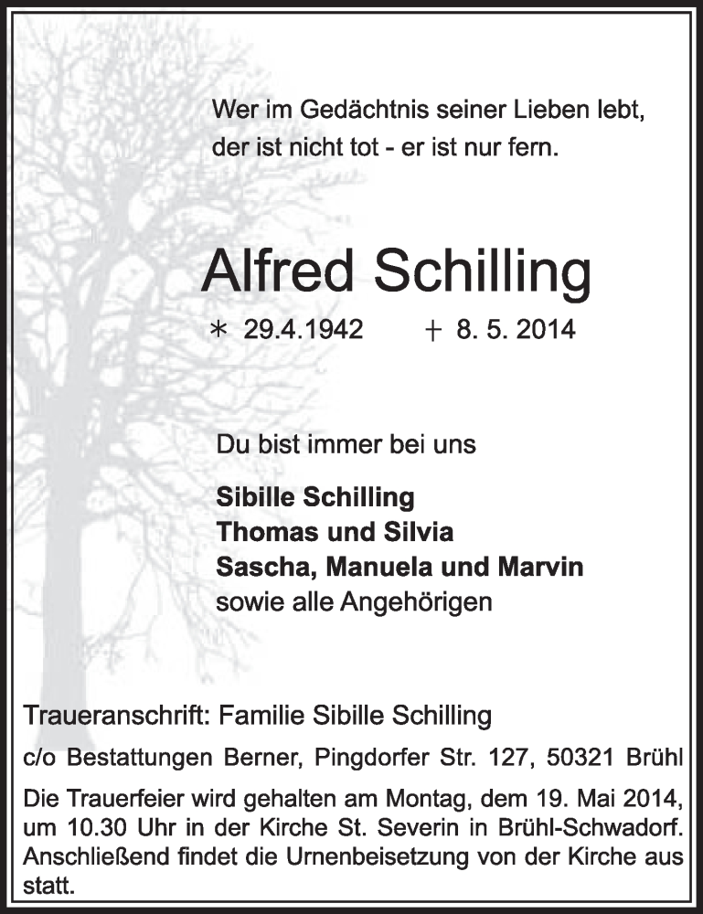  Traueranzeige für Alfred Schilling vom 14.05.2014 aus  Schlossbote/Werbekurier 