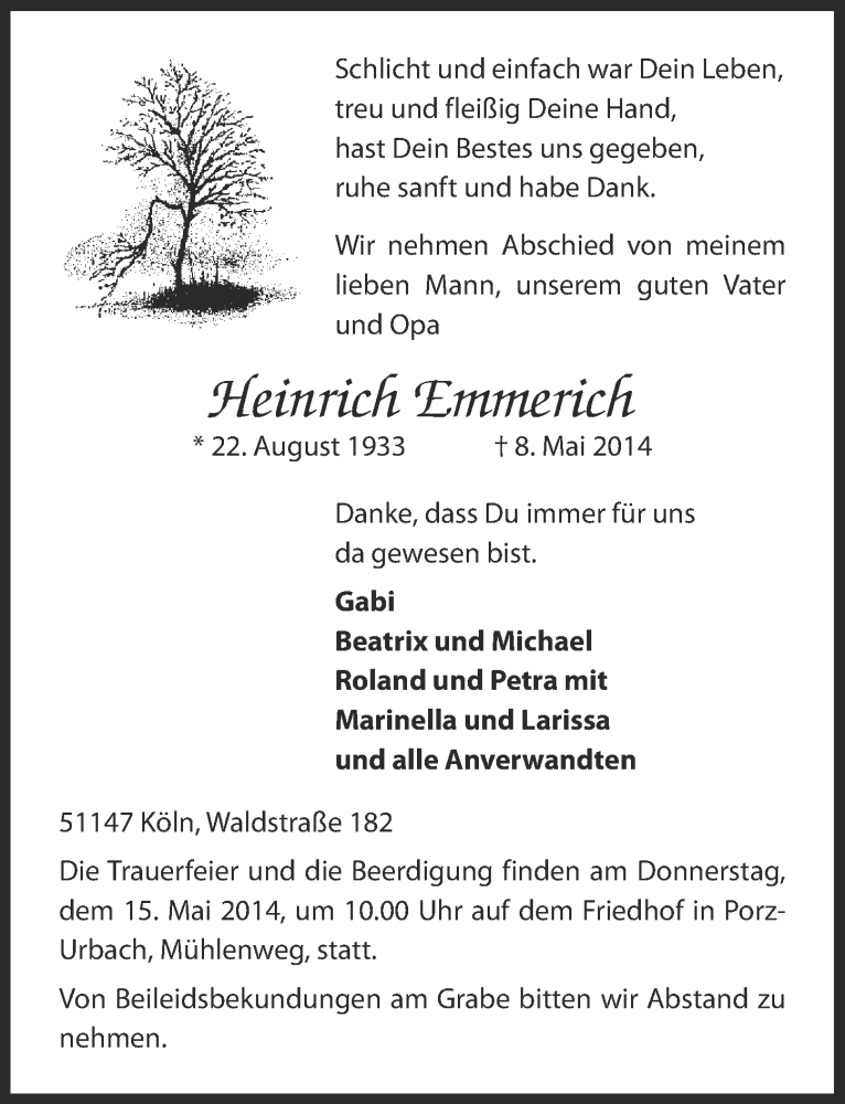  Traueranzeige für Heinrich Emmerich vom 14.05.2014 aus  Kölner Wochenspiegel 