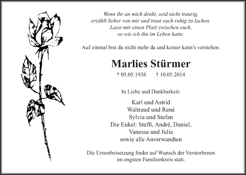  Traueranzeige für Marlies Stürmer vom 14.05.2014 aus  Extra Blatt 