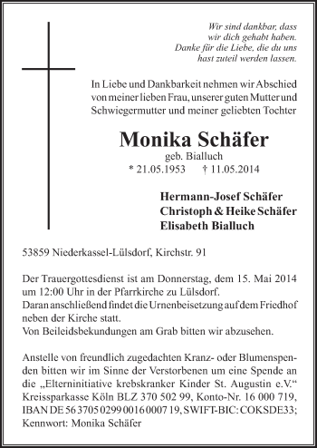 Anzeige von Monika Schäfer von  Extra Blatt 