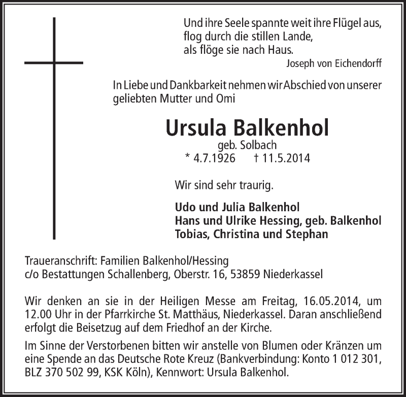  Traueranzeige für Ursula Balkenhol vom 14.05.2014 aus  Extra Blatt 
