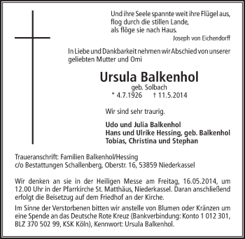 Anzeige von Ursula Balkenhol von  Extra Blatt 