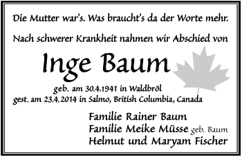Anzeige von Inge Baum von  Lokalanzeiger 