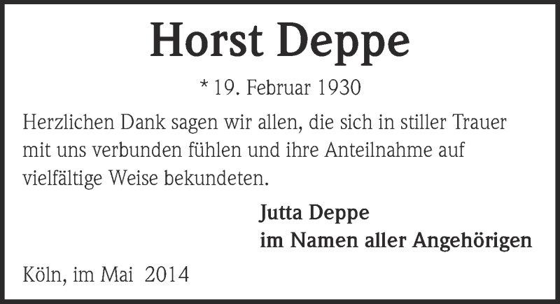  Traueranzeige für Horst Deppe vom 14.05.2014 aus  Kölner Wochenspiegel 