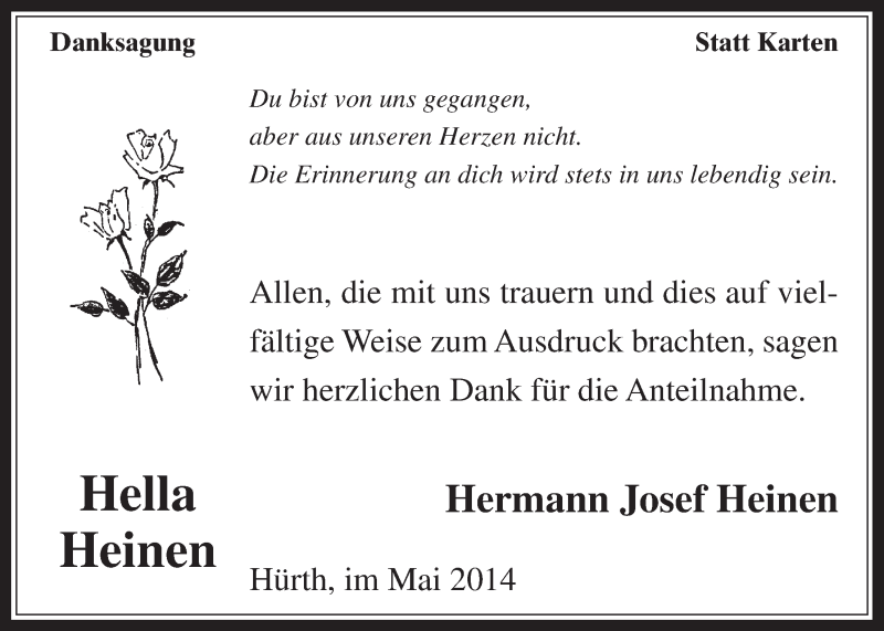  Traueranzeige für Hella Heinen vom 14.05.2014 aus  Wochenende 