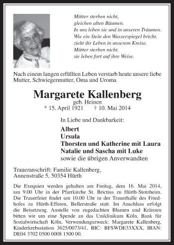 Anzeige von Margarete Kallenberg von  Wochenende 