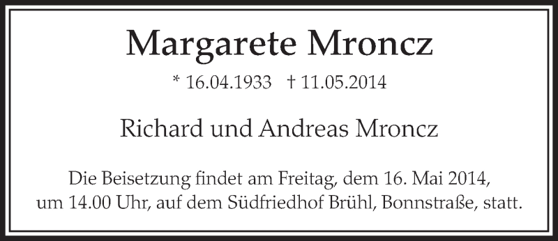  Traueranzeige für Margarete Mroncz vom 14.05.2014 aus  Schlossbote/Werbekurier 