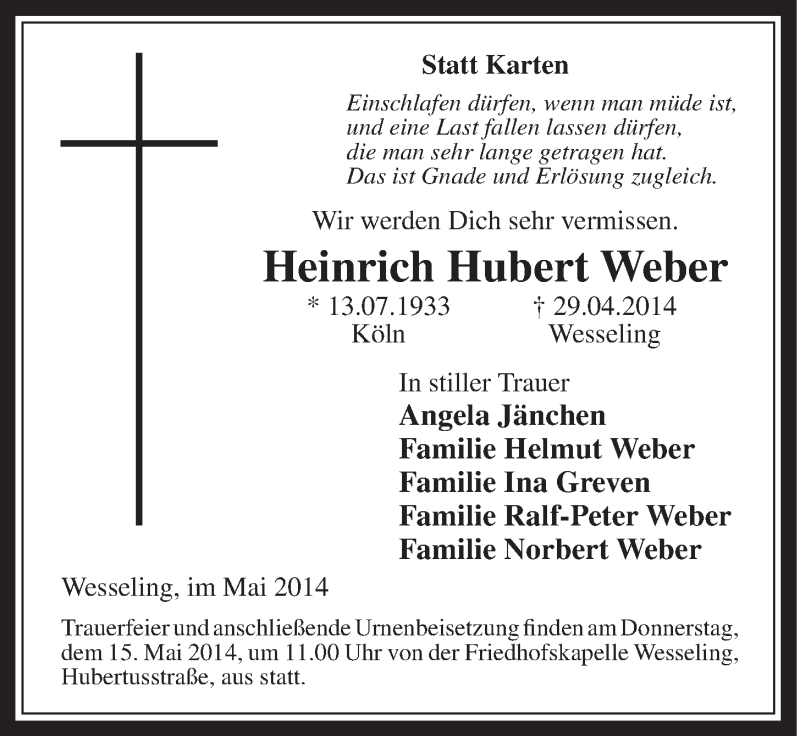  Traueranzeige für Heinrich Hubert Weber vom 14.05.2014 aus  Schlossbote/Werbekurier 