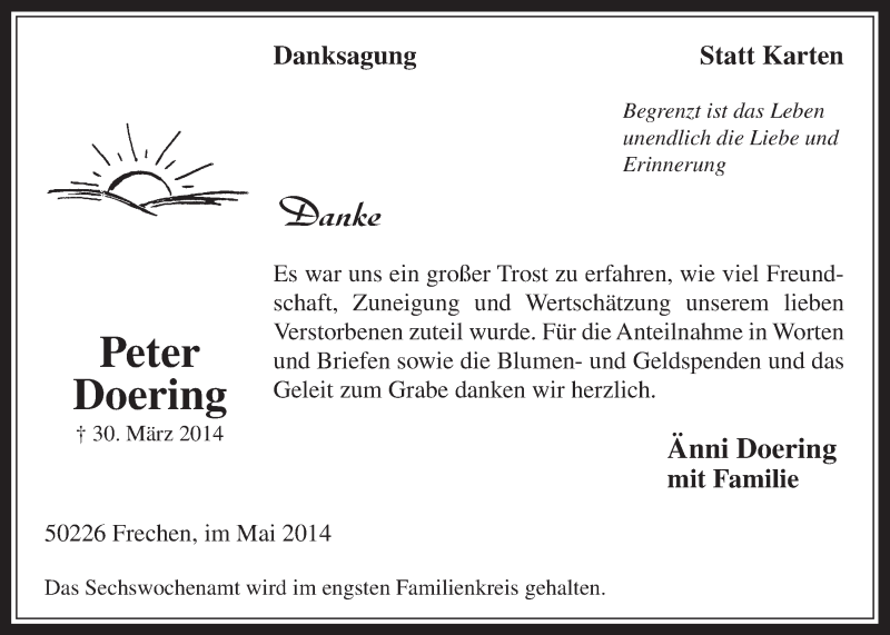  Traueranzeige für Peter Doering vom 14.05.2014 aus  Wochenende 