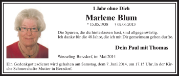 Anzeige von Marlene Blum von  Schlossbote/Werbekurier 