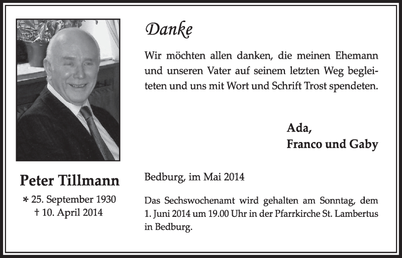  Traueranzeige für Peter Tillmann vom 24.05.2014 aus  Sonntags-Post 