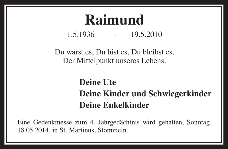  Traueranzeige für Raimund  vom 14.05.2014 aus  Wochenende 