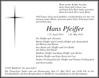 Anzeige von Hans Pfeiffer von  Lokalanzeiger 