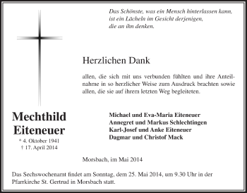 Anzeige von Mechthild Eiteneuer von  Lokalanzeiger 