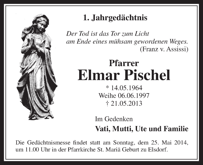  Traueranzeige für Elmar Pischel vom 21.05.2014 aus  Wochenende  Werbepost 