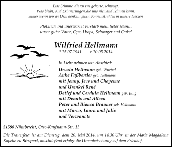 Anzeige von Wilfried Hellmann von  Lokalanzeiger 