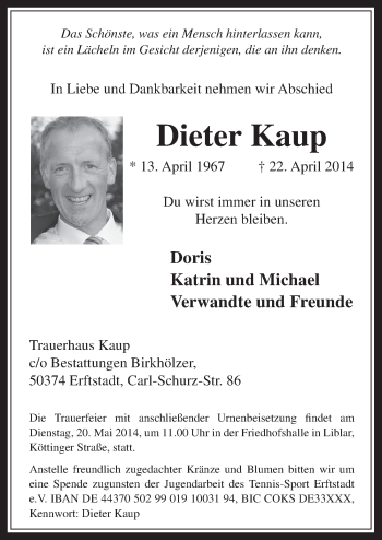 Anzeige von Dieter Kaup von  Sonntags-Post 