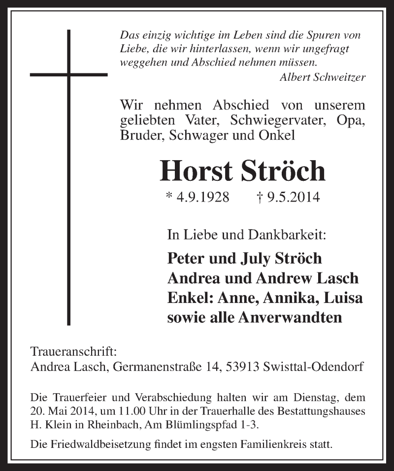  Traueranzeige für Horst Ströch vom 17.05.2014 aus  Schaufenster/Blickpunkt am Wochenende 