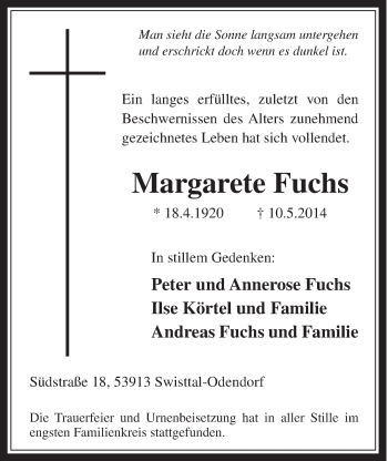 Anzeige von Margarete Fuchs von  Schaufenster/Blickpunkt 