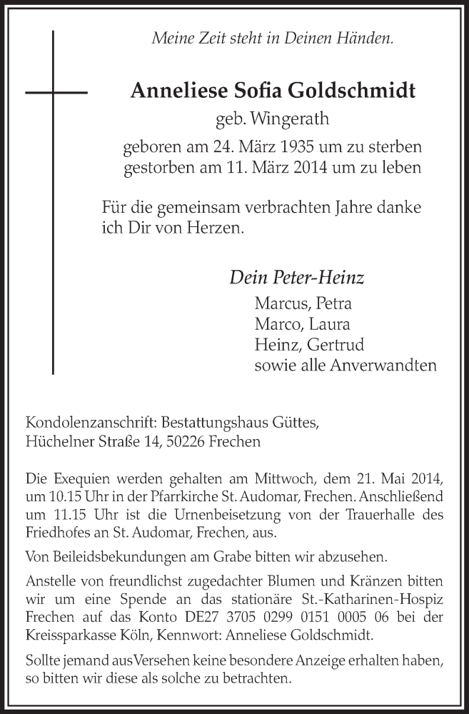  Traueranzeige für Anneliese Sofia Goldschmidt vom 17.05.2014 aus  Sonntags-Post 