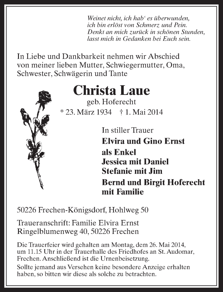  Traueranzeige für Christa Laue vom 21.05.2014 aus  Wochenende 