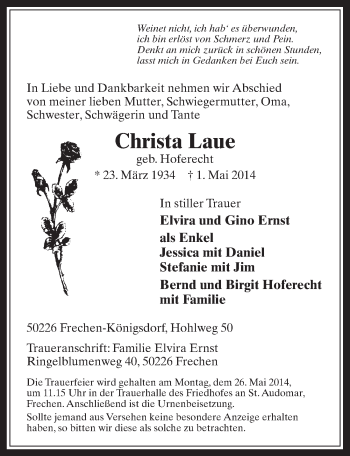 Anzeige von Christa Laue von  Wochenende 