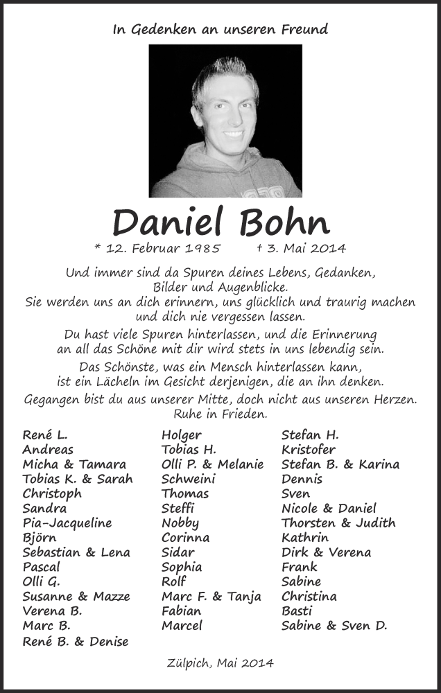  Traueranzeige für Daniel Bohn vom 18.05.2014 aus  Blickpunkt Euskirchen 