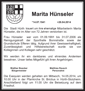 Anzeige von Marita Hünseler von  Wochenende 