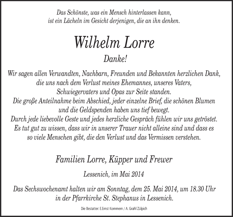  Traueranzeige für Wilhelm Lorre vom 18.05.2014 aus  Blickpunkt Euskirchen 