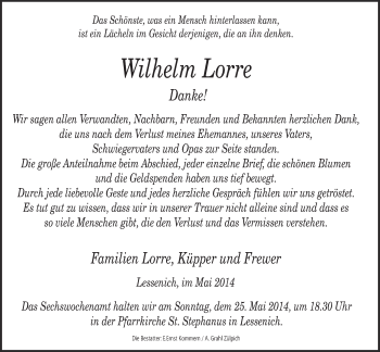 Anzeige von Wilhelm Lorre von  Blickpunkt Euskirchen 