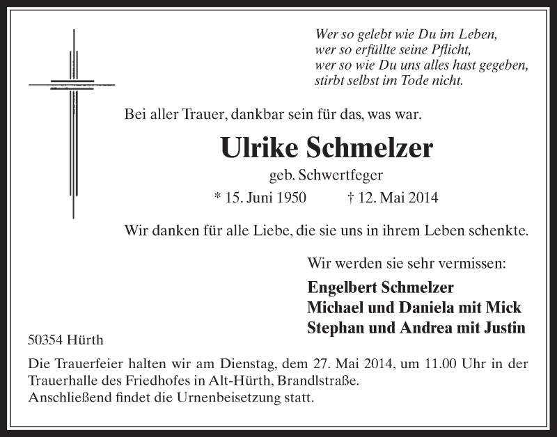  Traueranzeige für Ulrike Schmelzer vom 21.05.2014 aus  Wochenende 