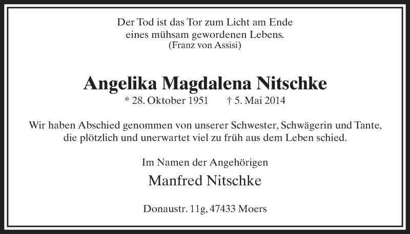  Traueranzeige für Angelika Magdalena Nitschke vom 17.05.2014 aus  Sonntags-Post 