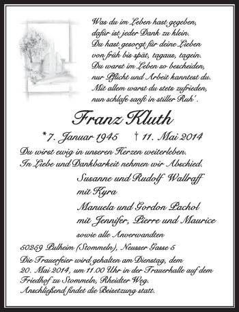 Anzeige von Franz Kluth von  Sonntags-Post 