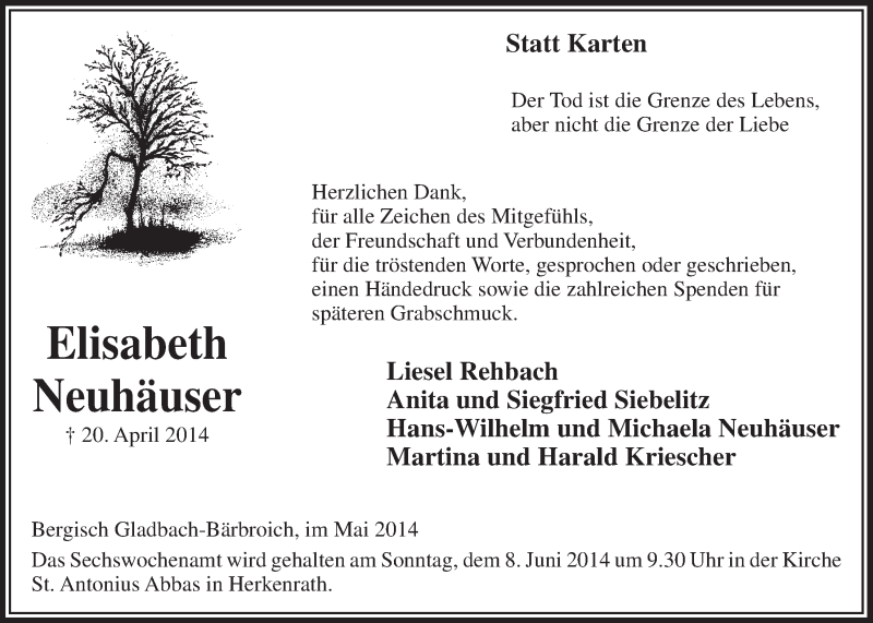  Traueranzeige für Elisabeth Neuhäuser vom 21.05.2014 aus  Bergisches Handelsblatt 
