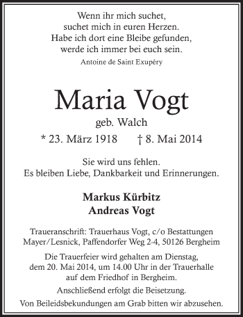 Anzeige von Maria Vogt von  Sonntags-Post 