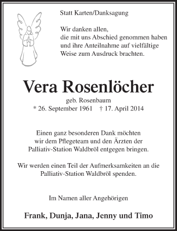 Anzeige von Vera Rosenlöcher von  Lokalanzeiger 