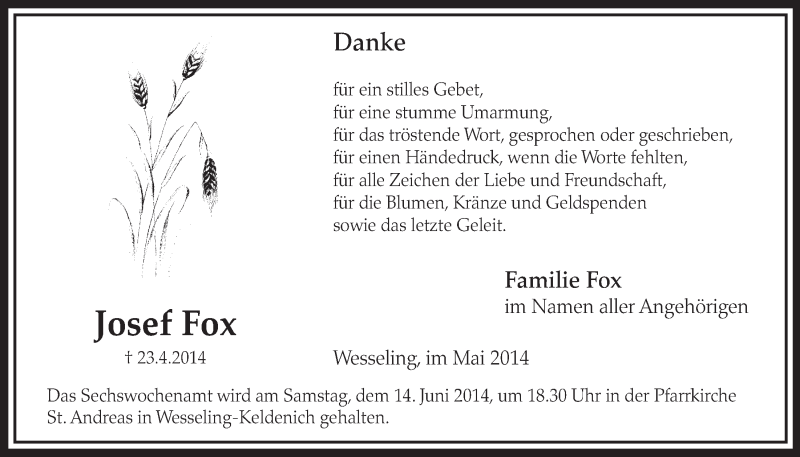  Traueranzeige für Josef Fox vom 21.05.2014 aus  Schlossbote/Werbekurier 