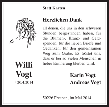 Anzeige von Willi Vogt von  Wochenende 