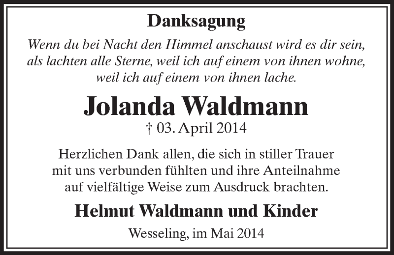  Traueranzeige für Jolanda Waldmann vom 21.05.2014 aus  Schlossbote/Werbekurier 