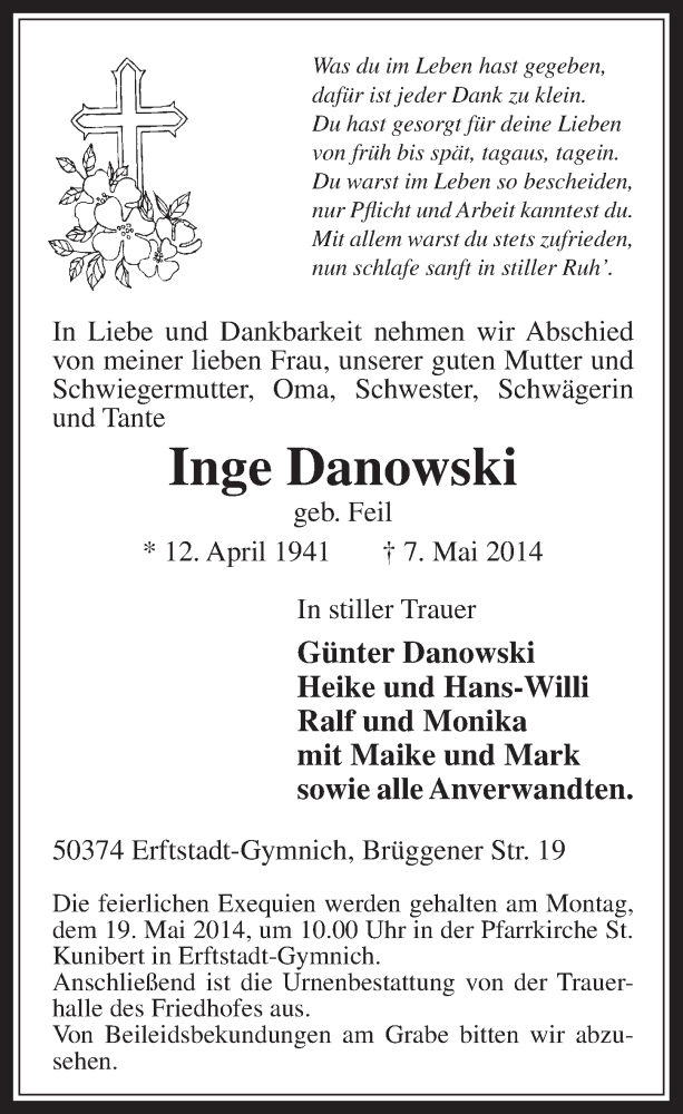 Traueranzeige für Inge Danowski vom 17.05.2014 aus  Sonntags-Post 