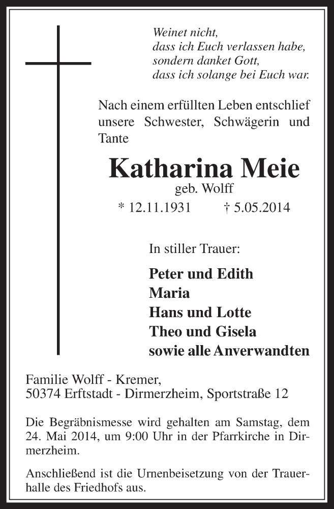  Traueranzeige für Katharina Meie vom 21.05.2014 aus  Werbepost 