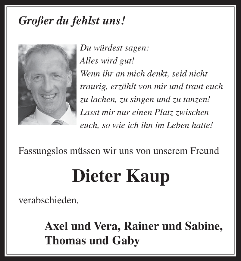  Traueranzeige für Dieter Kaup vom 17.05.2014 aus  Sonntags-Post 