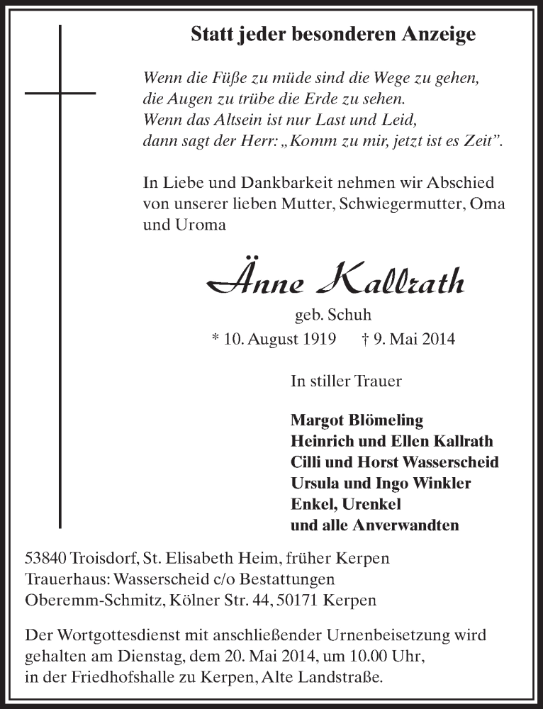  Traueranzeige für Änne Kallrath vom 17.05.2014 aus  Sonntags-Post 