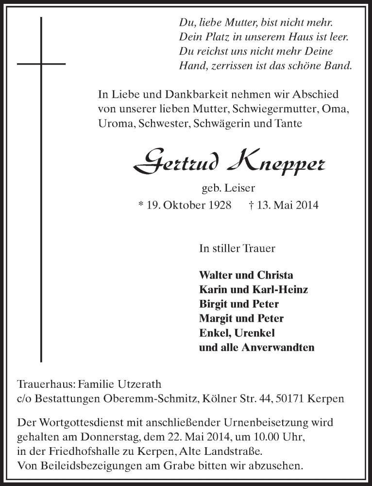  Traueranzeige für Gertrud Knepper vom 17.05.2014 aus  Sonntags-Post 