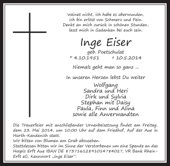 Anzeige von Inge Eiser von  Wochenende 
