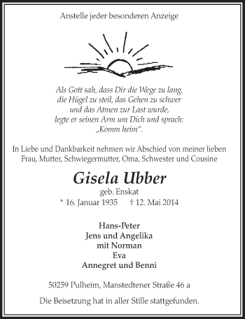 Anzeige von Gisela Ubber von  Sonntags-Post 