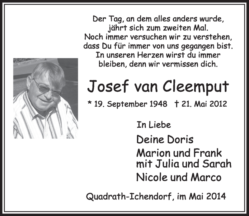  Traueranzeige für Josef van Cleemput vom 17.05.2014 aus  Sonntags-Post 