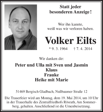 Anzeige von Volker Eilts von  Bergisches Sonntagsblatt 